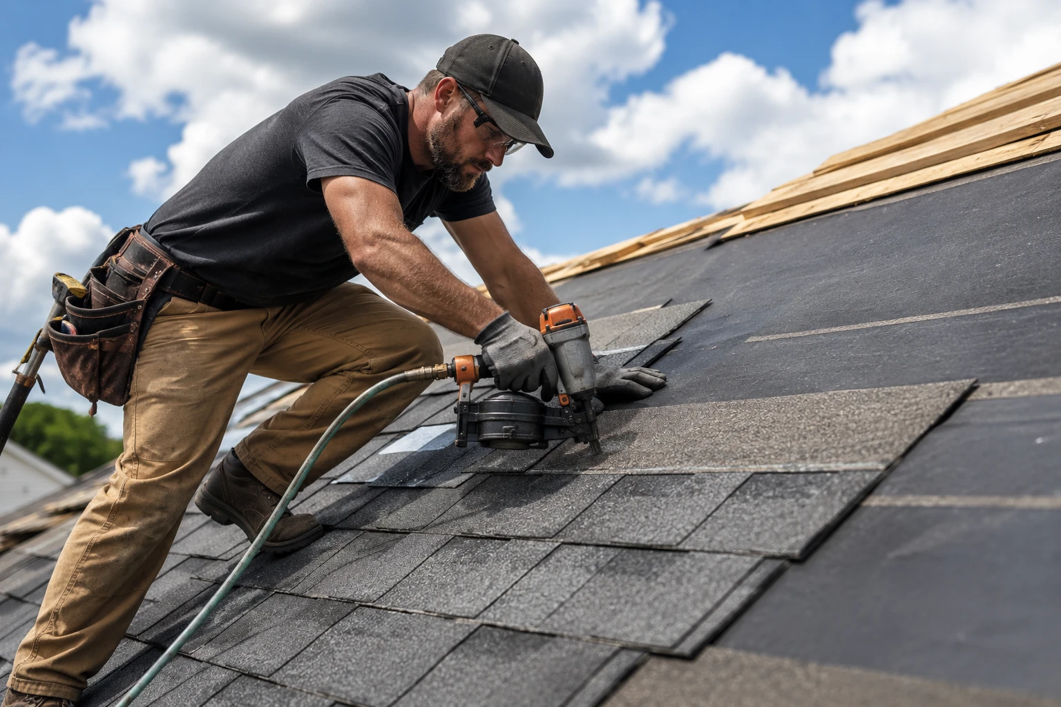 Roofer working on a residential roofing project
